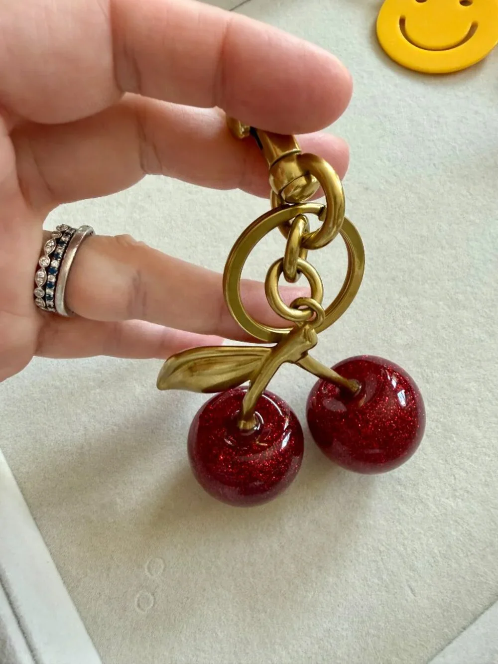 Jumbo Sparkly Cherry Bag Charm & Keychain – Red + Gold